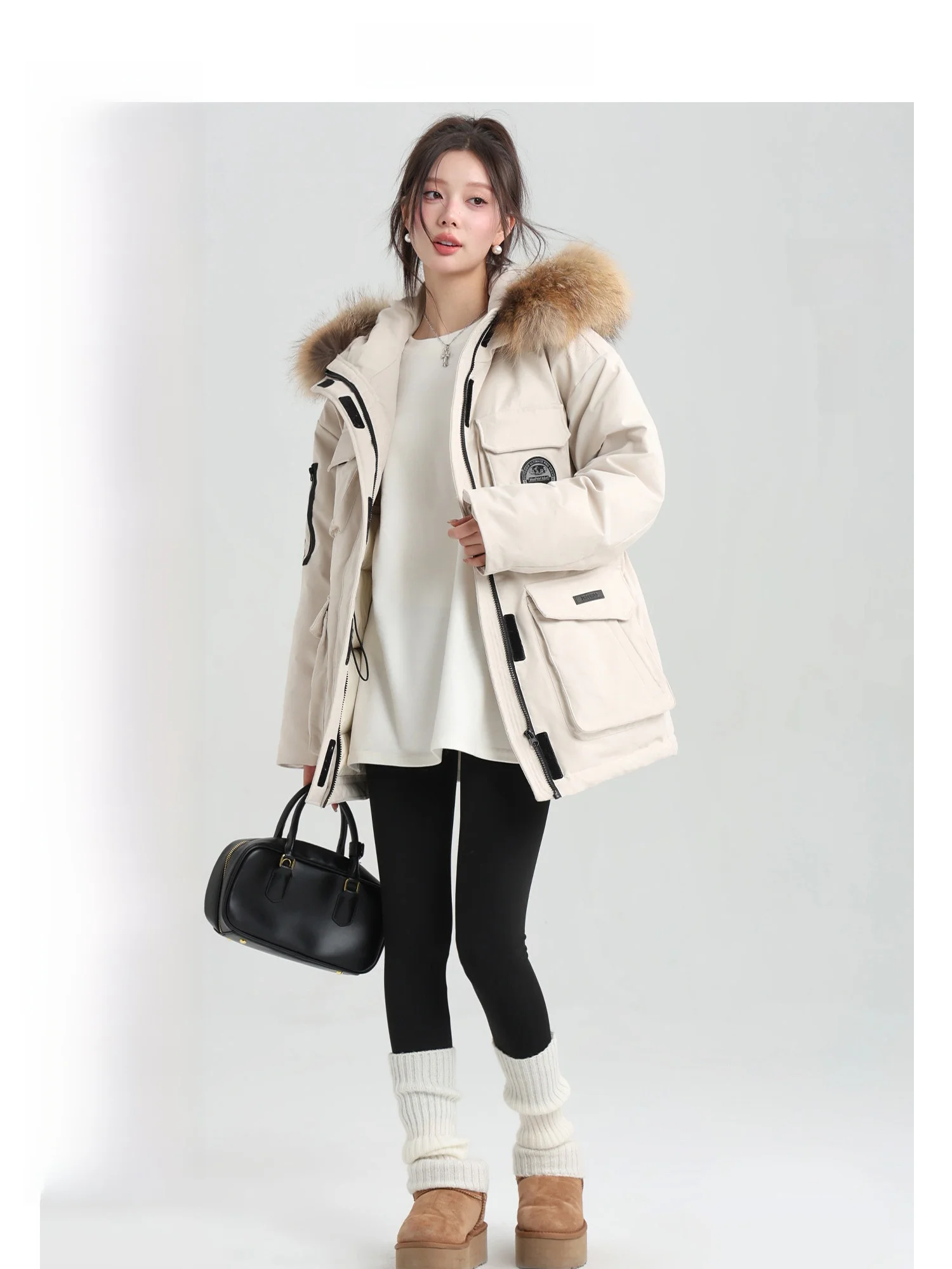 

Yuzhiqi Women's Loose Parka down Jaet White Du Feather Fur Collar Warm Thi Winter Coat Casual Sle Removable Hood