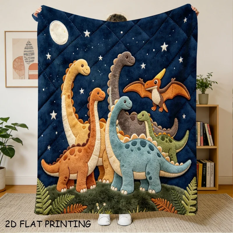 Dinosaur Star Moon Printed Flannel Throw Blanket, Soft Lightweight Plush Blanket for Sofa Bedroom Decor