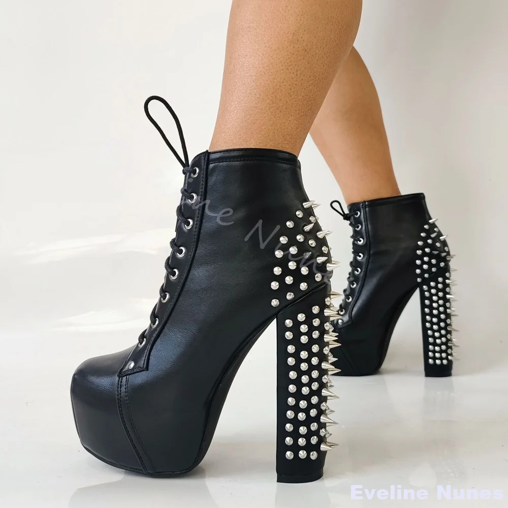 

Gothic Spicy Girl Studded Punk Boots Women Round Toe Chunky Heel Cross Tied Ankle Boots 2026 Winter New Plus-size Ankle Boots