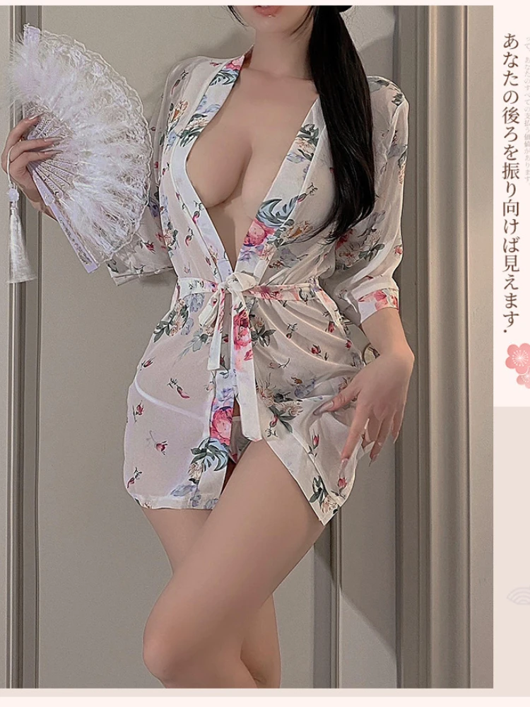 Erotic Japanese Kimono Set Women Deep V See Through Lingerie Sleepwear Bathrobe Female Chiffon Nightgown Perspective Bathrobe