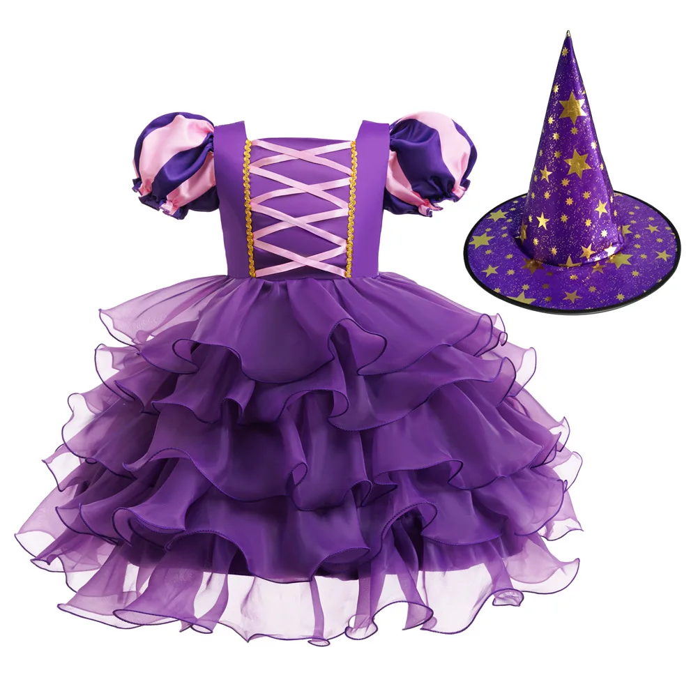 Halloween-Kostüm für Mädchen: Kleid mit Puffärmeln, Rüschen und mehreren Stoffschichten aus Tüll + Hexenhut + Süßigkeitenbeutel in Form einer Kürbis, Party-Outfit für Kinder, 3-teiliges Set. – Detail 23