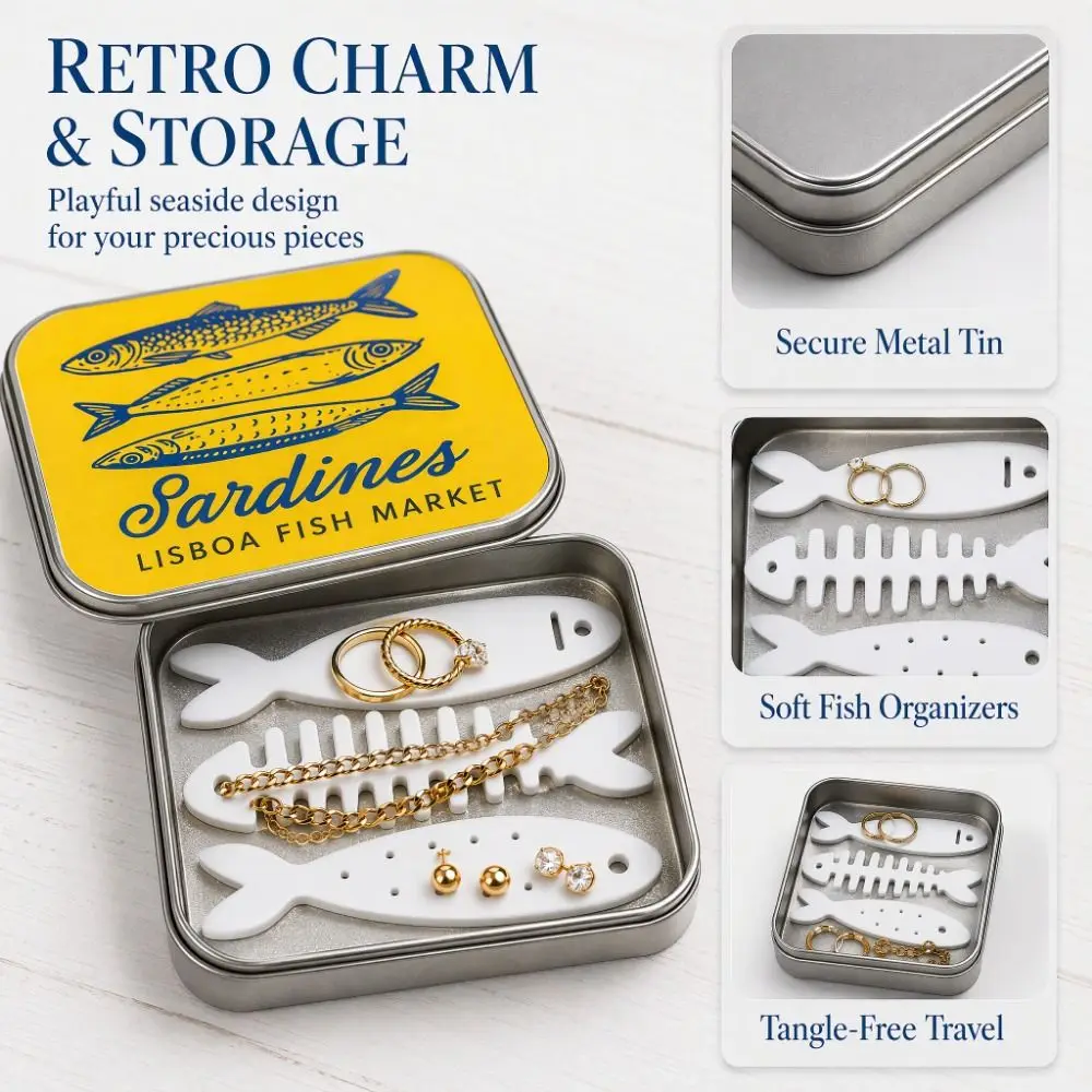 3D Printed Sardine Tin Jewelry Box Fishbone Insert Lightweight Jewelry Organizer Compact Portable Fish Bone Jewelry Box Women