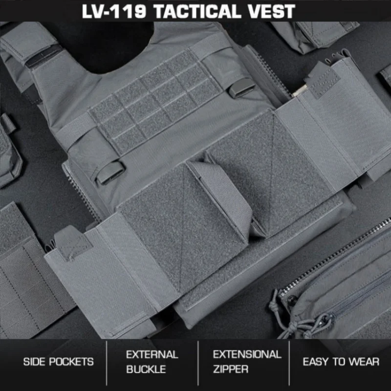 سترة صيد LV-119، حجرة جانبية سريعة التحرير، سحاب توسيع خلفي، مشبك صدر 2.5 بوصة