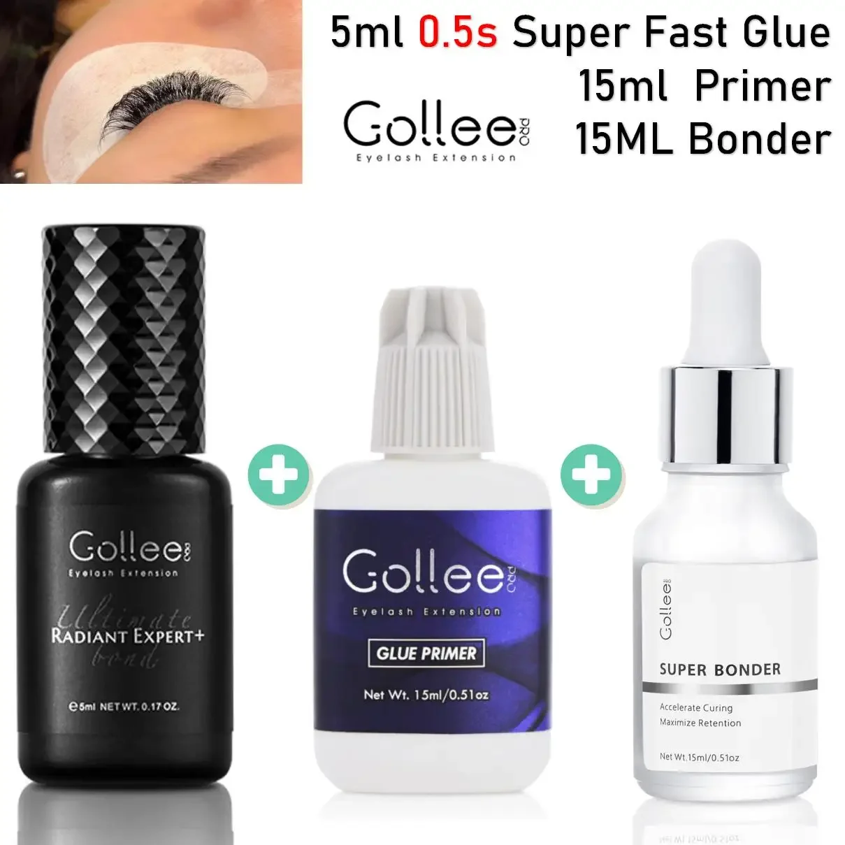 Gollee 0.5 Sec Fast Drying Eyelash Extension Glue Lash Primer Super Bonder Quickly Dry 6-8 Week Black Adhesive Professional Use