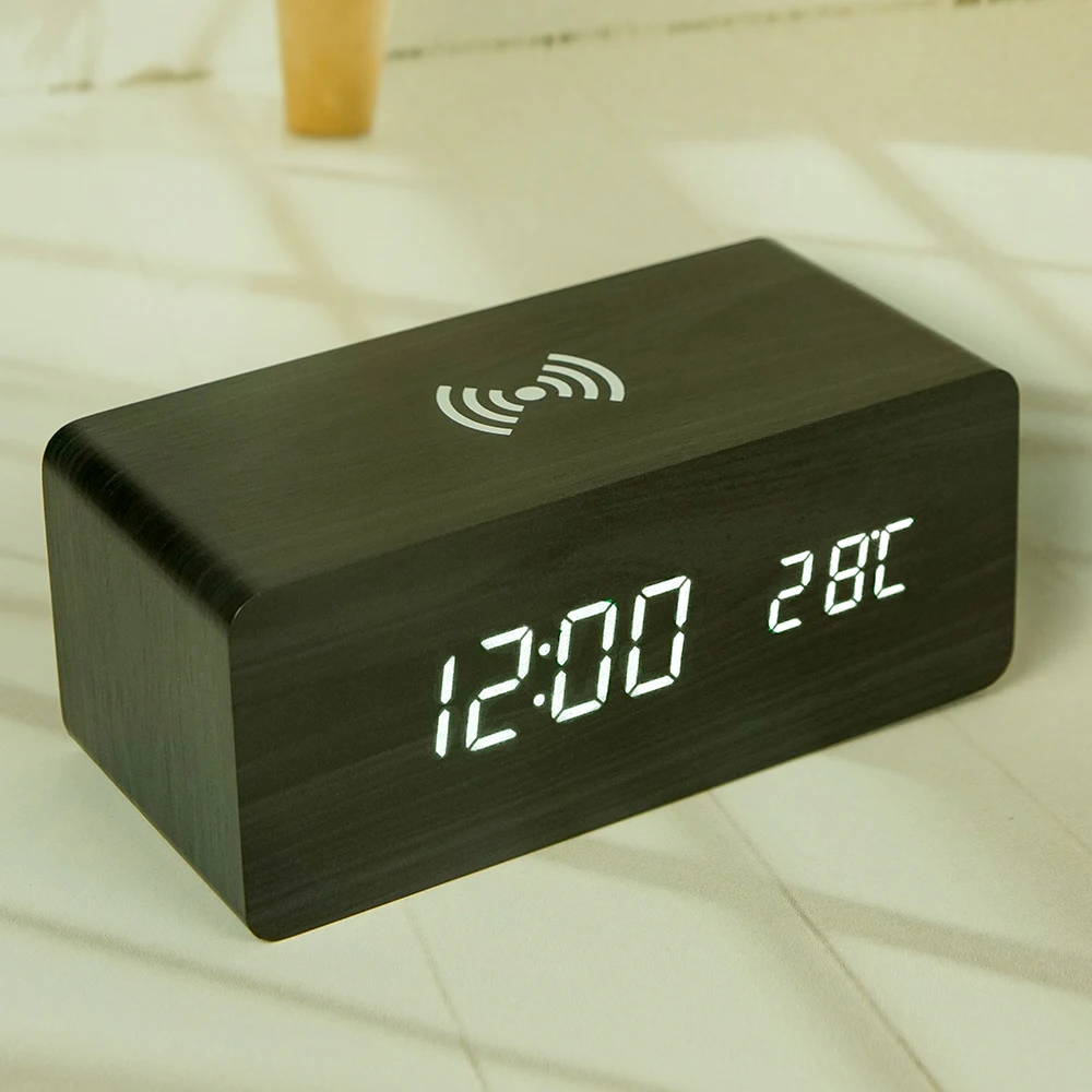 Creative Decoration Electronic Clock Mobile Phone Wireless Charging Wood Clock LED Digital Clock Sound Control Function