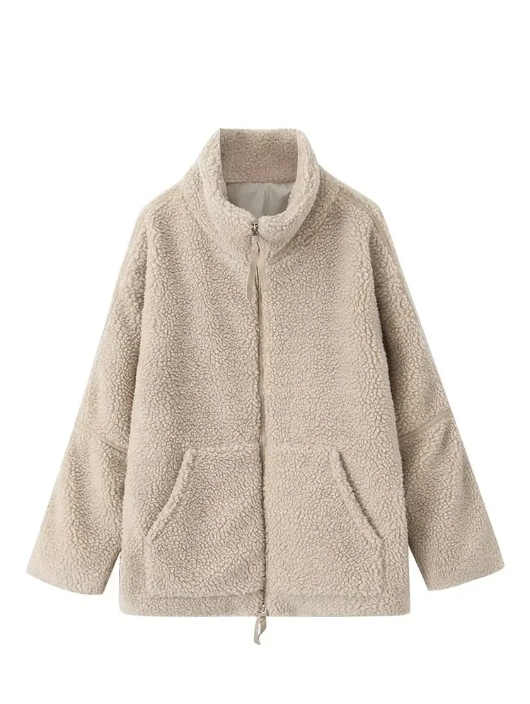 Za Women\'s Warm Lamb Wool Coat Long Sleeve Stand Collar Pocket  Zipper Jacket Female Autumn Fashion Fleece Overcoat Streetwear