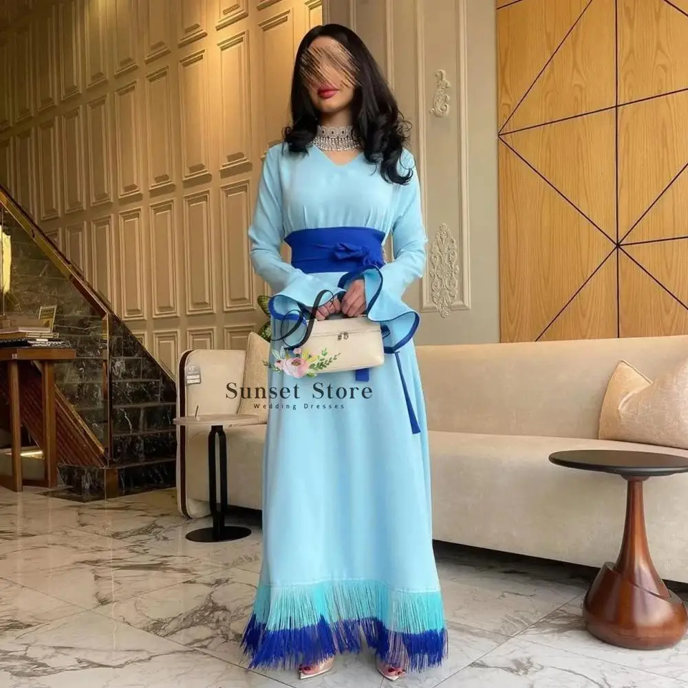 

Customized Blue A-Line Evening Dress V-Neck with Belt and Tassel Floor Length Side Slit Women Customized فساتين سهره نسائيه فخم