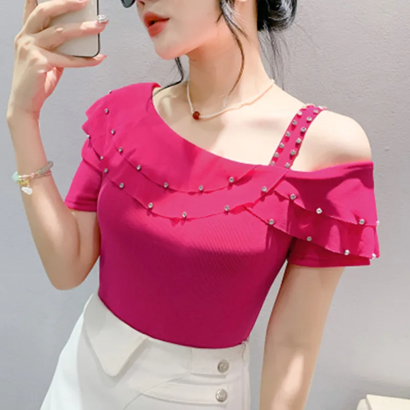 Fashion Ruffle Short Sleeve Off Shoulder Top For Women\'s 2024 Summer New Luxury Diamonds Asymmetric Collar Mesh T-shirt