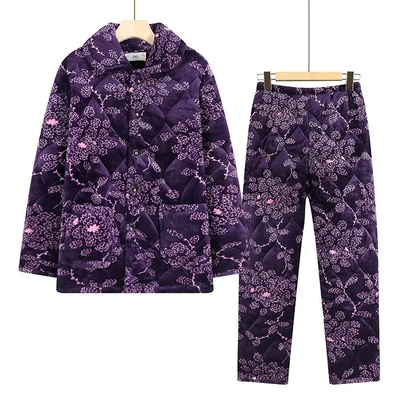 Middle Aged Elderly Women\'s Pyjamas Winter Sleepwear Fashion Thickened Warm Cotton Coat Pants Suit Grandma Home Clothing 2023