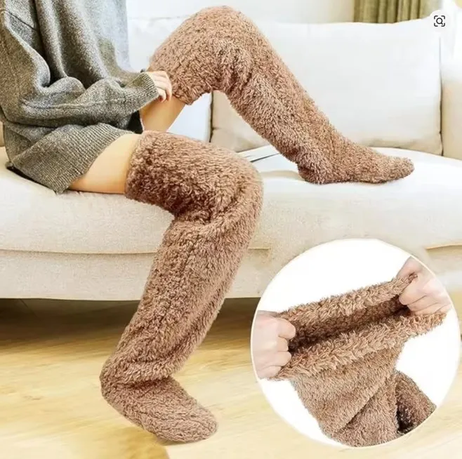 Fluffy Thigh High Socks Teddy Legs Snuggle Long Paws Fuzzy Leggings Over Knee Slippers Hairy Stockings Floor socks