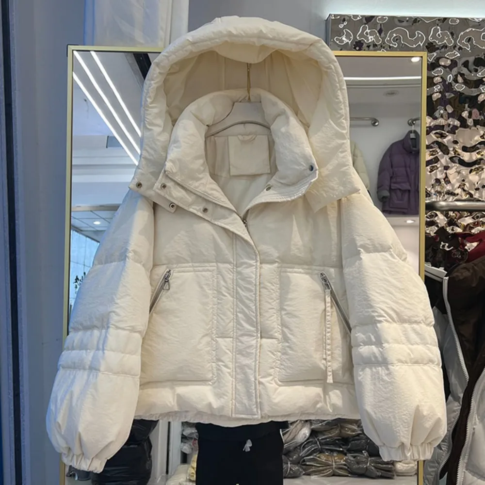 2024 New Short Puffer Coat Winter Women\'s White Duck Down Jacket Hooded Thick Warm Loose Overcoat Female Parkas Ladies Outwear