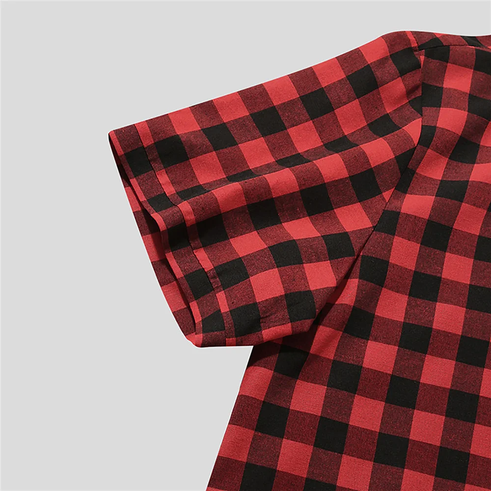 Casual Plaid Sleepwear Nightgown Men Pajamas Short Sleeve V-neck Casual Homewear One-piece Home Loose Bathrobe Sleep Robe S-3XL