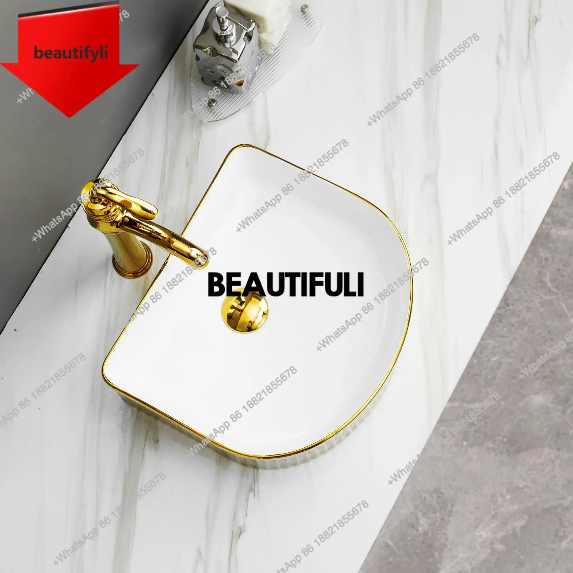 

a44 Квадратный и круглый умывальник с сочетанием форм, гальваническая золотая керамическая раковина на столешнице, современная роскошная художественная раковина