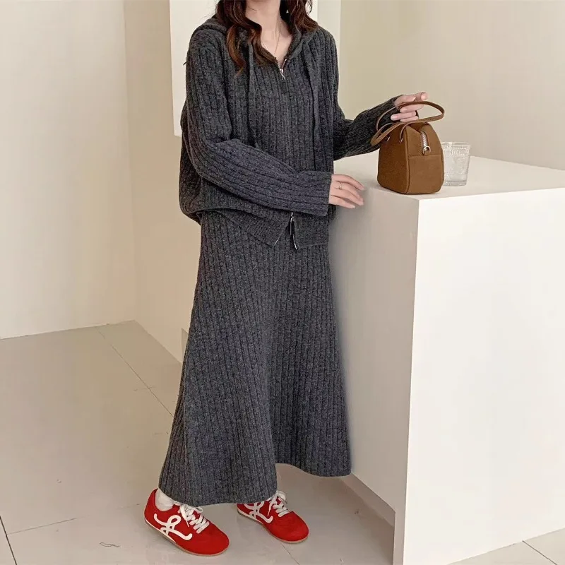 

Модный кардиган с капюшоном + макси-юбка с эластичной резинкой на талии, комплект из 2 предметов, зимний женский костюм, новый повседневный однотонный вязаный комплект на молнии с длинными рукавами