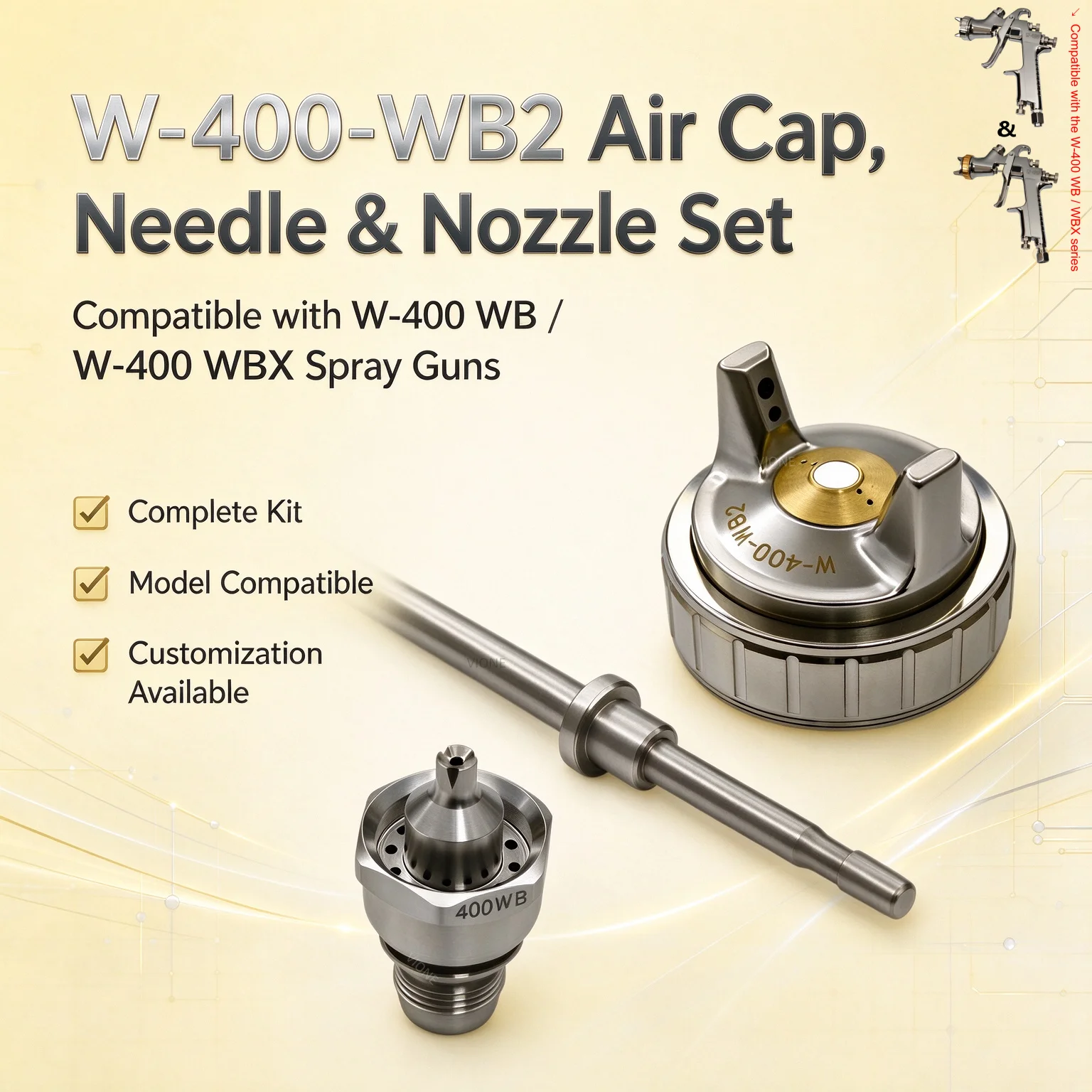 Paint-saving W-400-WB2 Air Cap, Needle & Nozzle Set Compatible with the W-400 WB/WBX Series Japan Quick Replacement