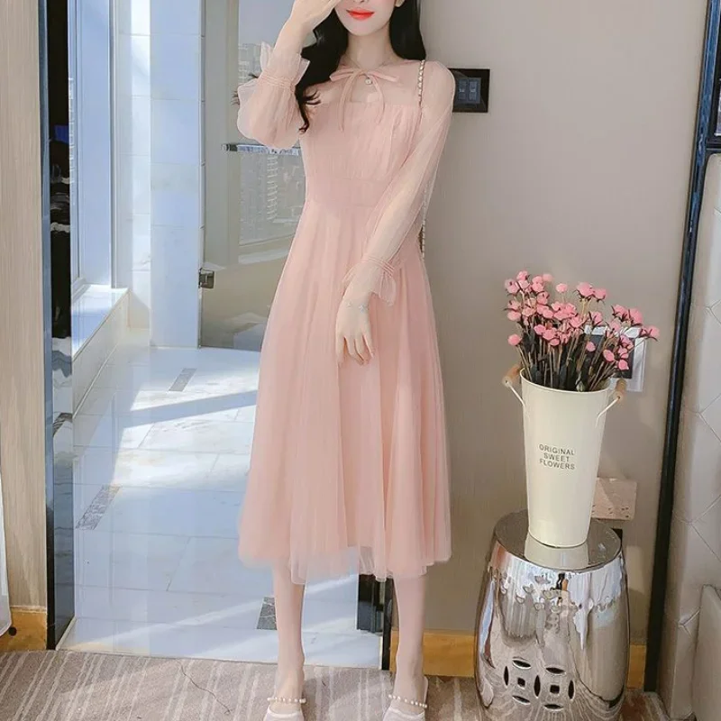 Spring New French Fairy Gauze Dress Pink Round Neck Bow Drawstring Gentle Style Slim Patchwork Long Sleeved Dresses CY177