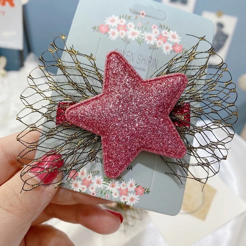 20pcs Boutique Glitter Star Hairpins Tulle Hair Bow Barrettes Hair Clips Fashion Hair Accessories for Girls Princess Headwear