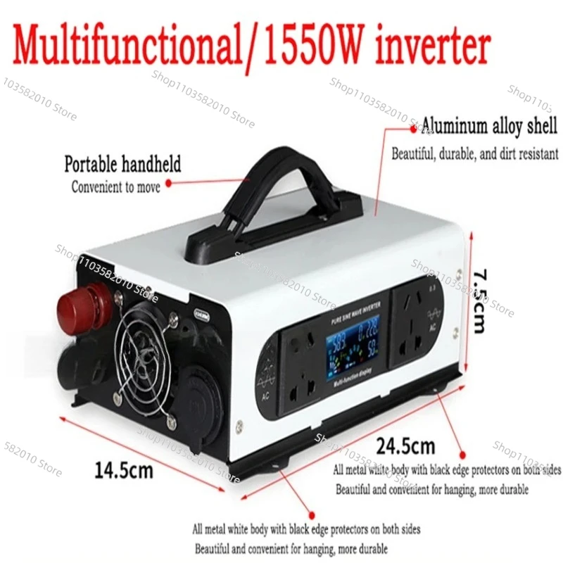 X-1550W Pure Sine Wave Inverter, 110V/220V 3100W Peak Power 12V 24V 48V 60V 72V Multifunctional Portable Power Converter