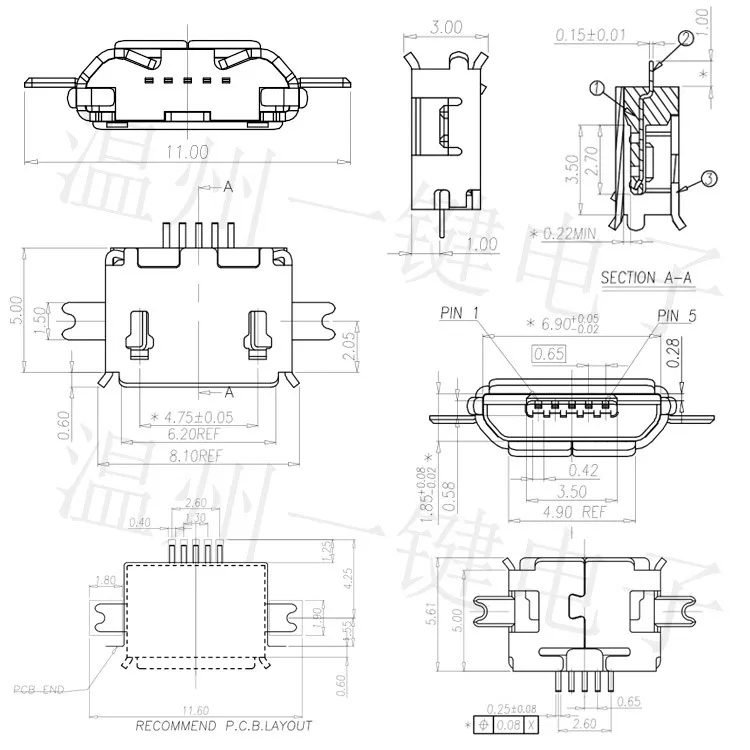 Micro 5pin Undermount Board 1.0mm Flat Connector Two-Leg Patch USB Microphone USB Socket