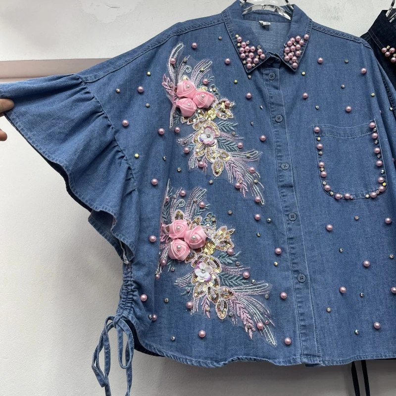 GALCAUR colorblock spliced appliques cowboy shirts for women lapel short sleeves patchwork bead temperament shirt femlae fashion