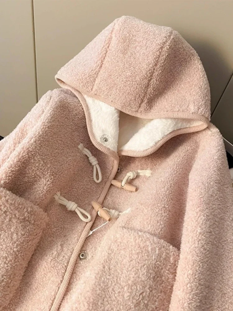 Autunno Inverno Cappotto di agnello Cappotto caldo in pile Monopetto Rosa Manica lunga Tasche dolci Top Abbigliamento donna Tendenza Nuovo