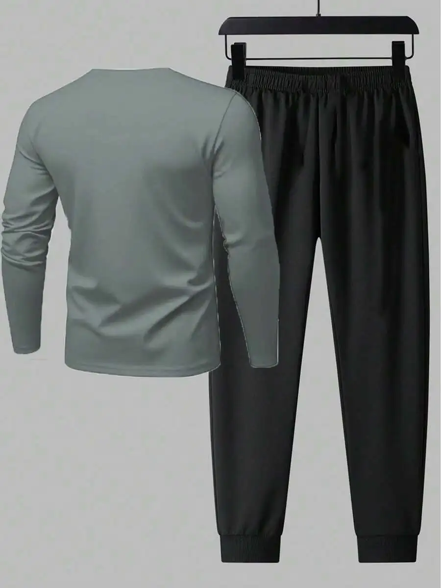 

Mens Casual Long Sleeve Crew Neck T-Shirt And Jogger Pants Sports Suit Gym