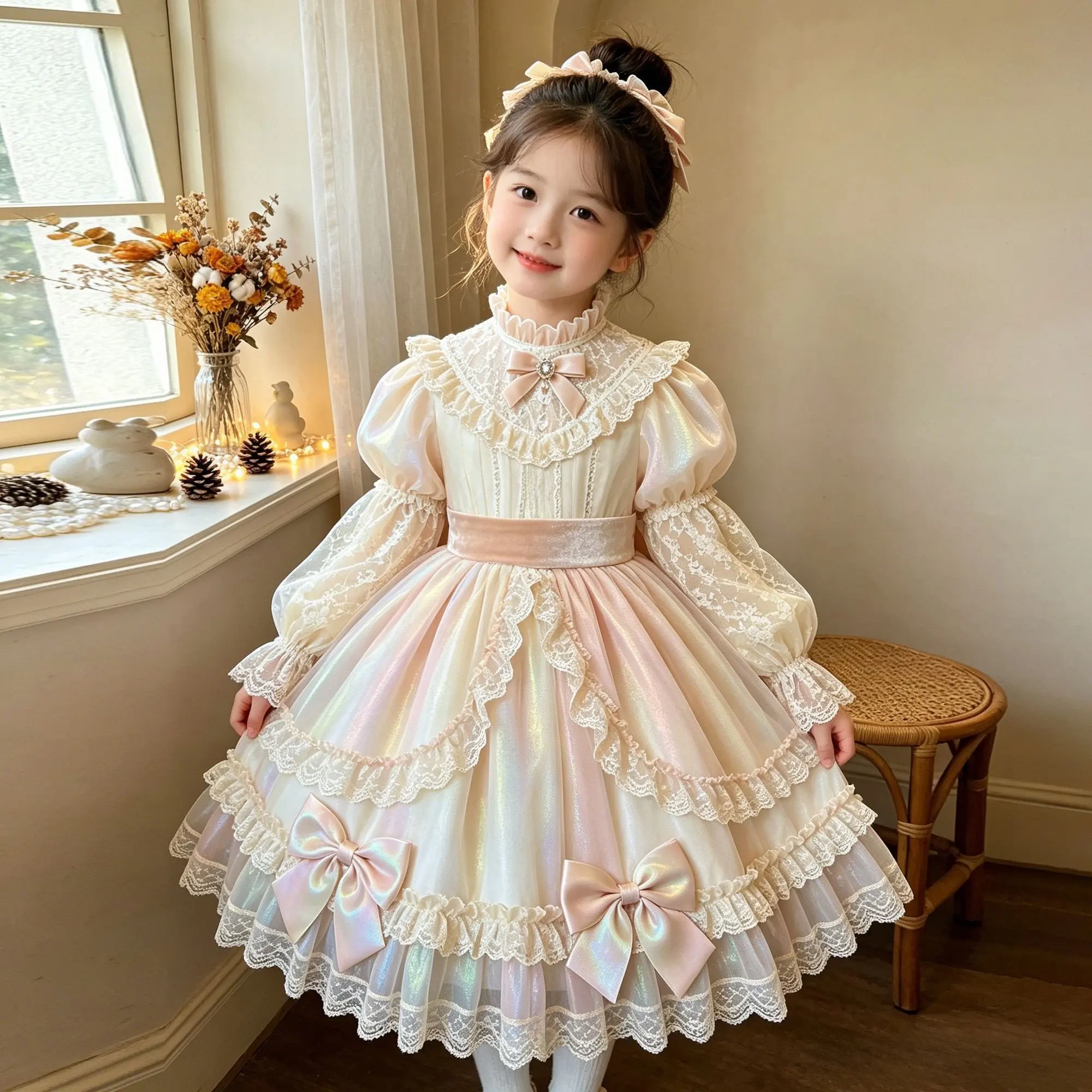 Girl Lolita Long sleeved Dress Spring and Autumn Children's Lace Bow Birthday Party Puff Dress