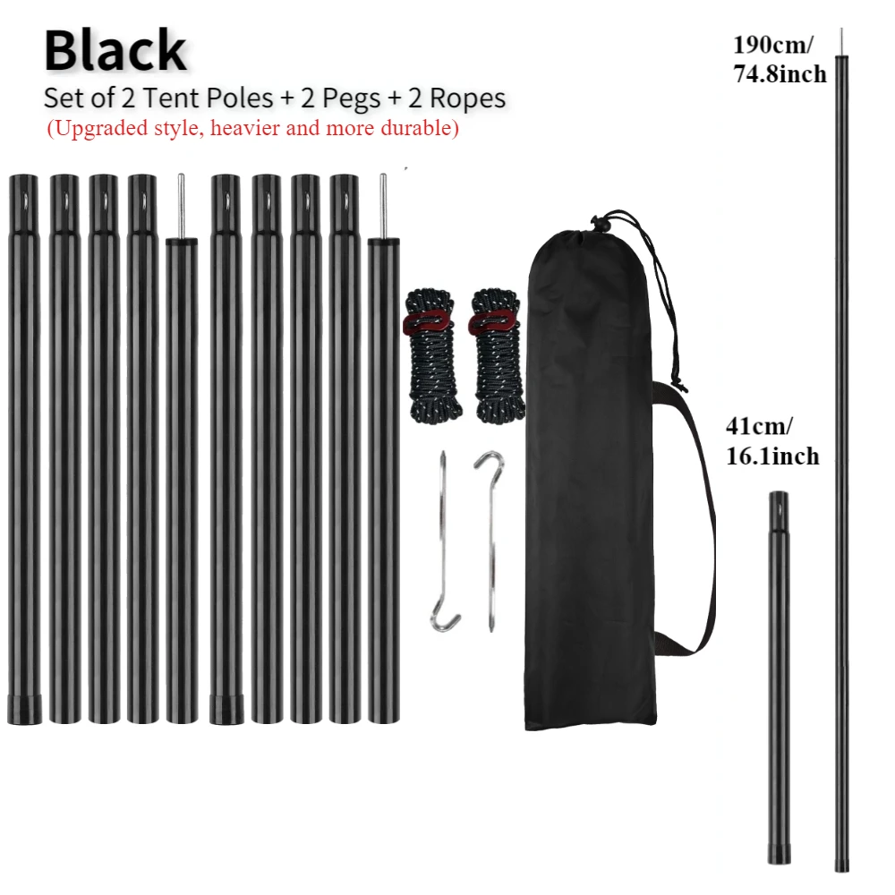 Set of 2 Tent Poles Adjustable Tarp Poles Steel Rods for Sun