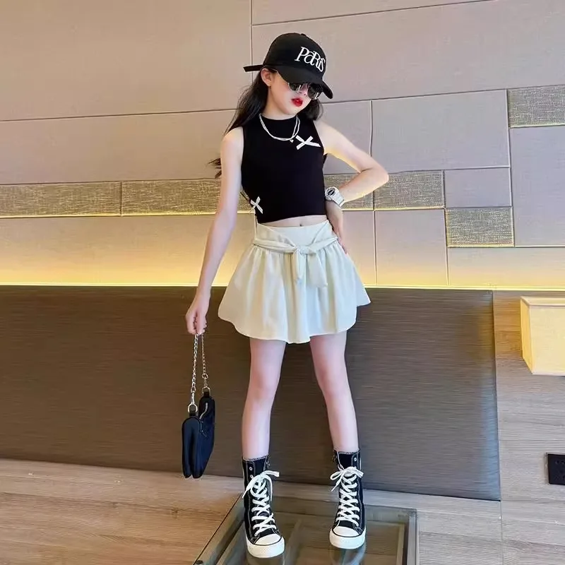 

2026 New Summer Girls Suspender Skirt Set Kids Sweet Cool Style Fashion Vest Tops Pleated Skirt Pants All in One Outfit