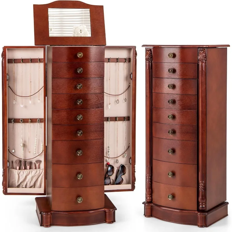 

Большой шкаф для ювелирных изделий с 8 ящиками и 2 распашными дверями, 16 крючками, верхние зеркальные коробки, стоячее выпуклое переднее хранилище