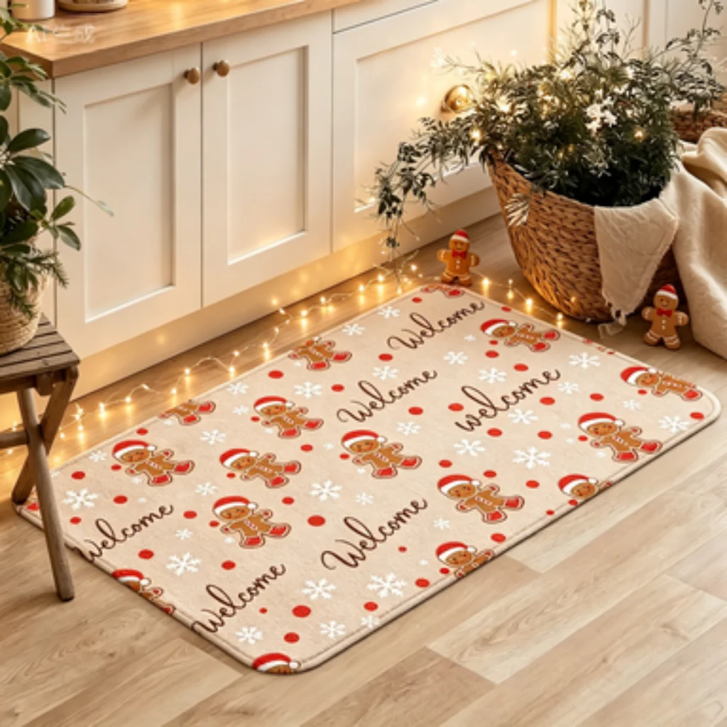Navy Pine Branch Star Christmas Mat, Cream White Allover Gingerbread Man Doormat, Wood Grain Reindeer Snowflake Rug.