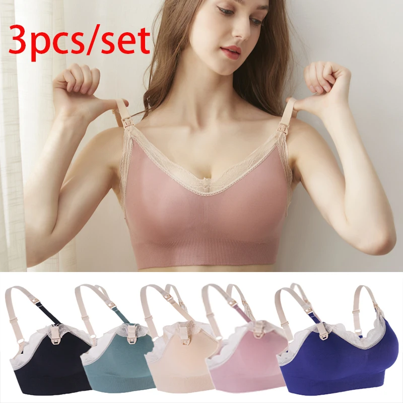 3PCS Nahtlose Pflege Bh Spitze Atmungs Wireless Vorderen Offene Verschluss Mutterschaft Stillen Bhs Für Schwangere Frauen Kleidung