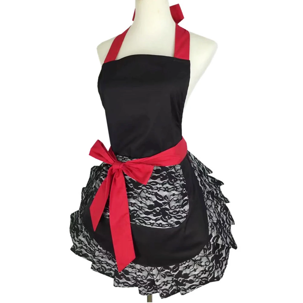 

Black Base Lace Aprons Women's Halter Neck Sleeveless Kitchen Apron Thick Cotton Adjustable Waist for Home Cooking