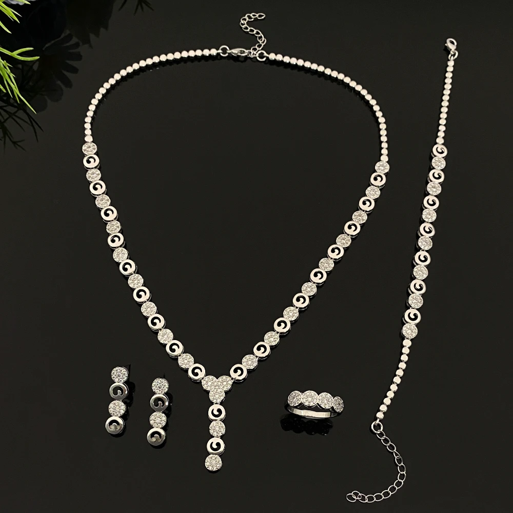 

JRH Dubai Party Jewelry Set - Luxury Platinum Plated Cubic Zirconia with Bracelet Ring Necklace Earrings for Wedding Gift