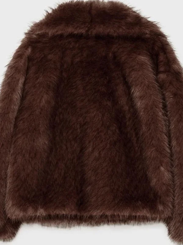 معطف Ele Winter ort للنساء من الفرو الاصطناعي طويل Sve بياقة مقلوبة من مادة البوليستر للدفء #5