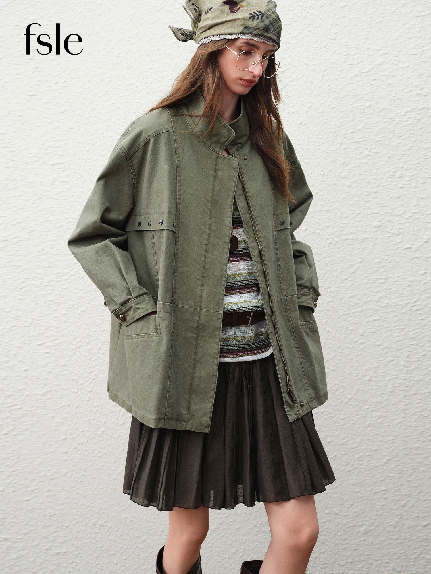 FSLE【Premium Series】2026 Spring Women Vintage Utility Stand Collar Jacket Retro Cargo Short Coat for Urban Street Oversize Style