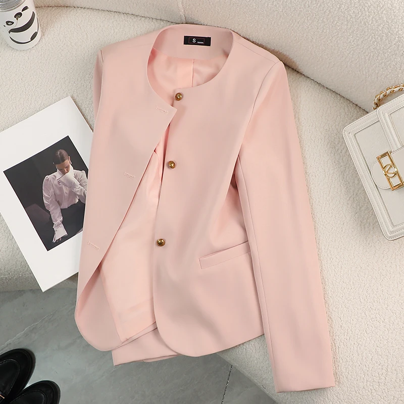 Round Neck Pink Blazer Women 2024 Fall Fashion OL Commuter Career Long-sleeved Elegant Black Suit Jacket Japanese Cropped Tops