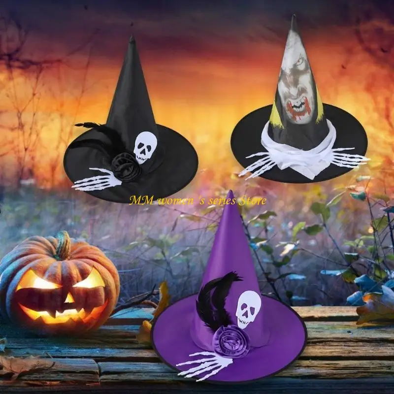 Q39C Cappello da strega Halloween con mano scheletrica Cappello da mago per feste Berretto da strega a punta unisex Copricapo