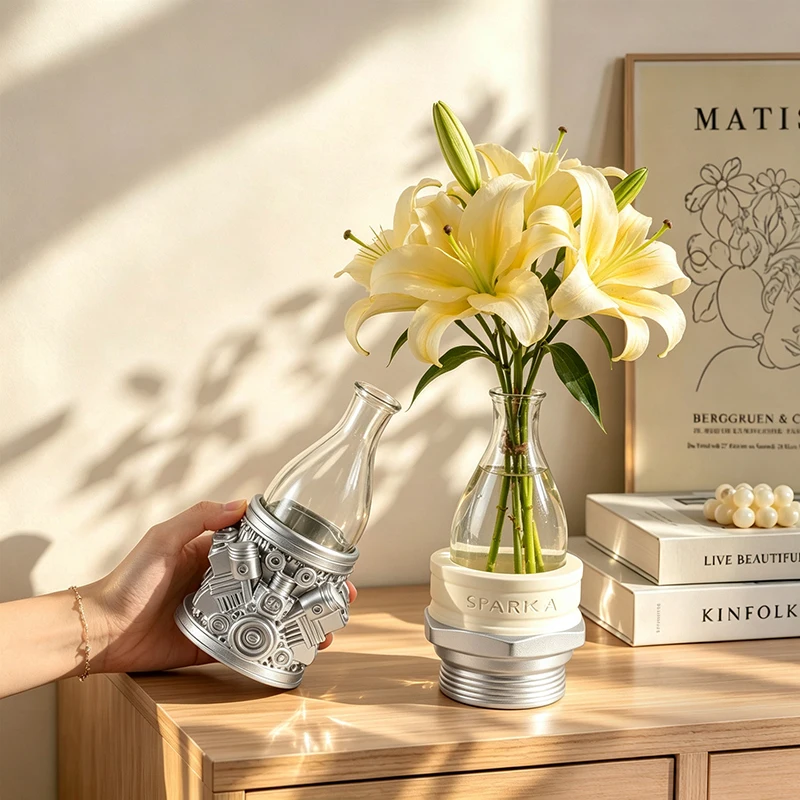 Metallic Silver Clear Glass Resin Mechanical Engine Shaped Hydroponic Flower Vase Set Home Living Room Desktop Decor Figurine