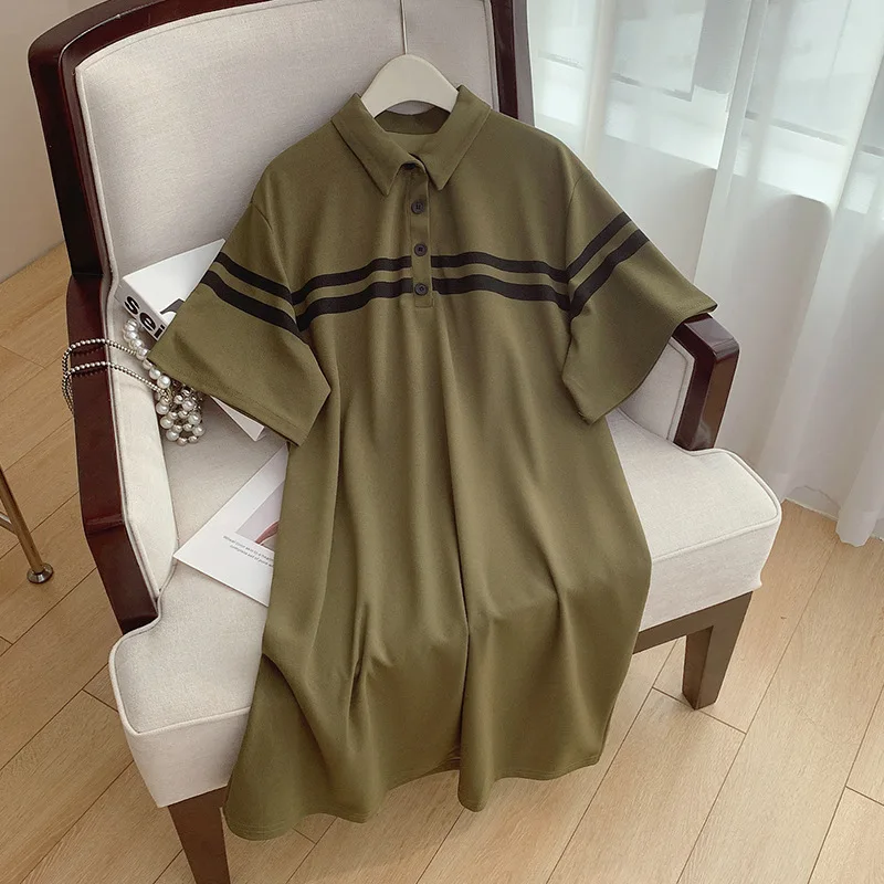 160Kg Plus Size Women\'s Bust 160 Summer Loose POLO Neck Dress Black Camel 6XL 7XL 8XL 9XL 10XL