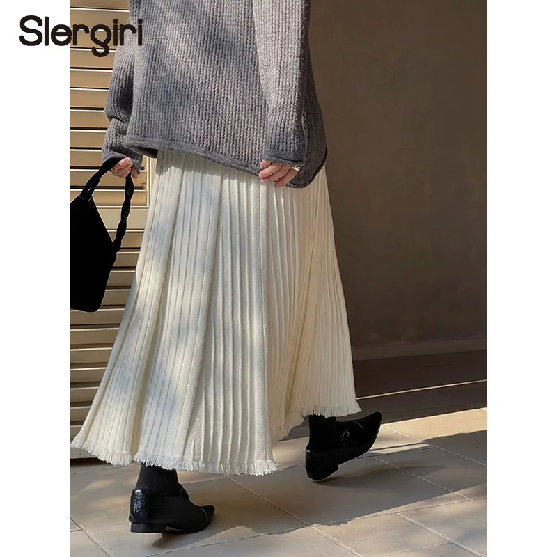 Slergiri Gonna lunga lavorata a maglia con orlo in nappa Moda donna Nuovo 2025 Autunno Inverno Tinta unita a vita alta Gonne a pieghe da donna dolci