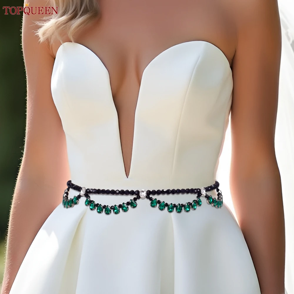 TOPQUEEN New Design Wedding Belt, Black Crystal Green Rhinestone Women's Waist Chain, Adjustable Extension Chain Body Chain S225