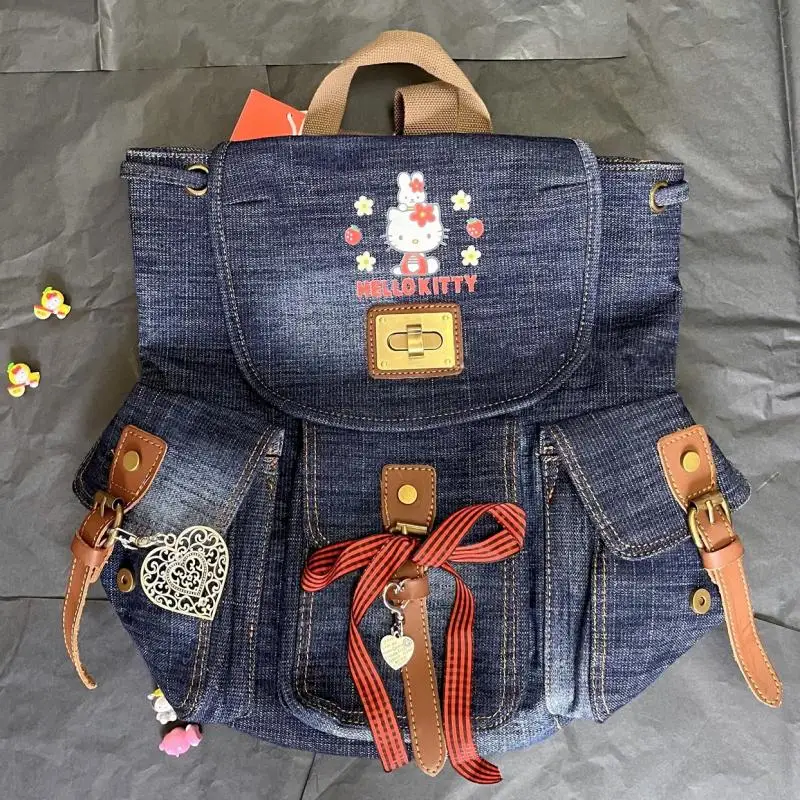 New Kawaii Hellokitty Retro Cowboy Shoulder Bag Cartoon Large Capacity Schoolbag Cute Anime Printing Backpack Bag Birthday Gift