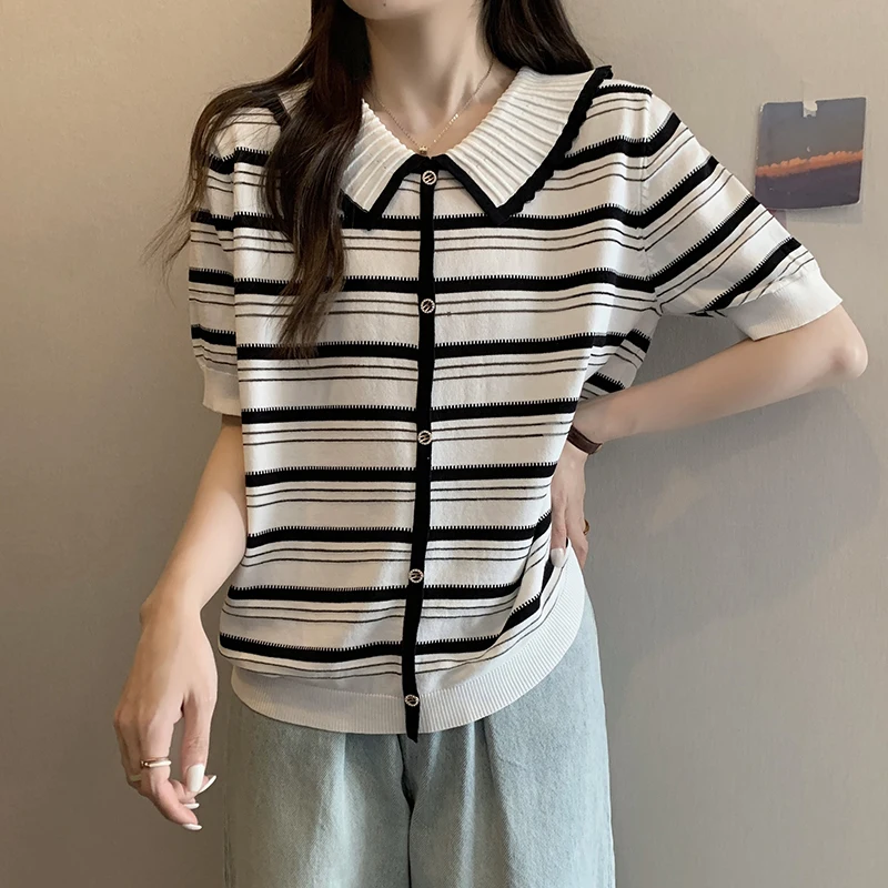 New V-neck Women's Body-Fitting Sweater Spring Summer Knitwear Korean Version Thin Stripe Color Drawstring Wool Pullover