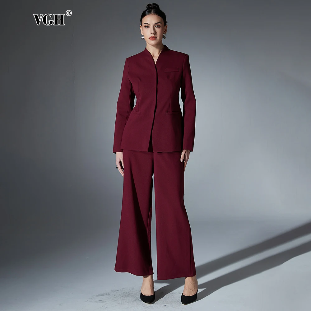 VGH Casual Pants Suits For Women Stand Collar Long Sleeve Tunic Coats High Waist Straight Pants Minimalist Solid Set Female New