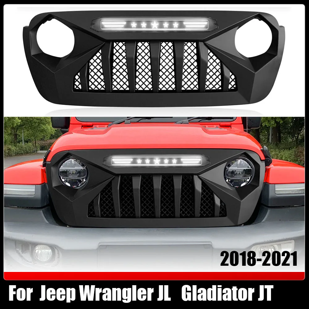 Car Grills Modified Parts Front Bumper Racing Grille With Light LED Racing Grills For Jeep Wrangler JL Gladiator JT 2018-2021