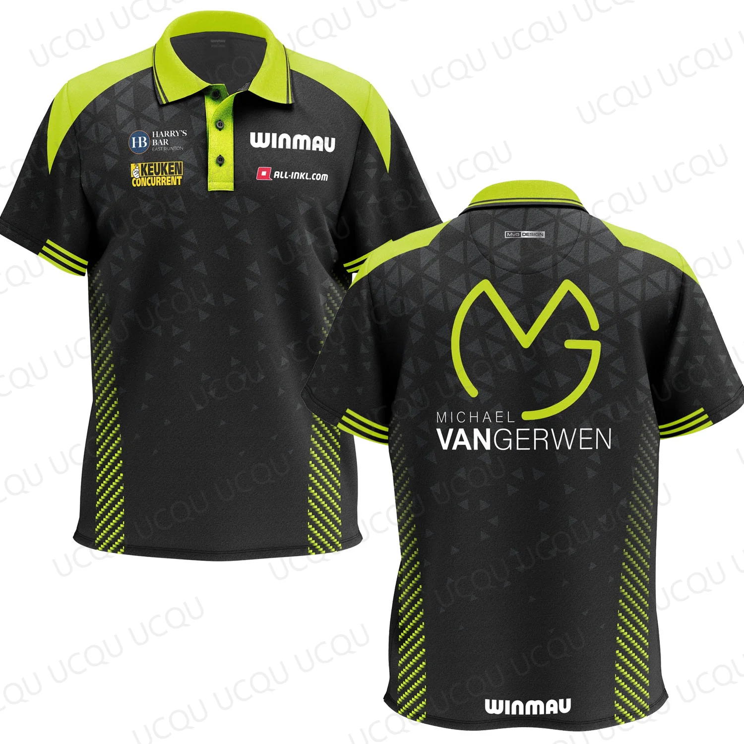 MvG Michael van Gerwen Darts Shirt Nieuw Winmau Groen Zwart Polo Jersey Heren Sneldrogende sportkleding Mighty Mike Gift - afbeelding 1