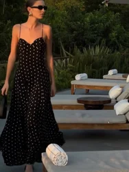 Polka Dot Printed Spaghetti Strap Long Robes 2024 Summer Classic High-waist A-line Party Dress Streetwear Maxi Dresses