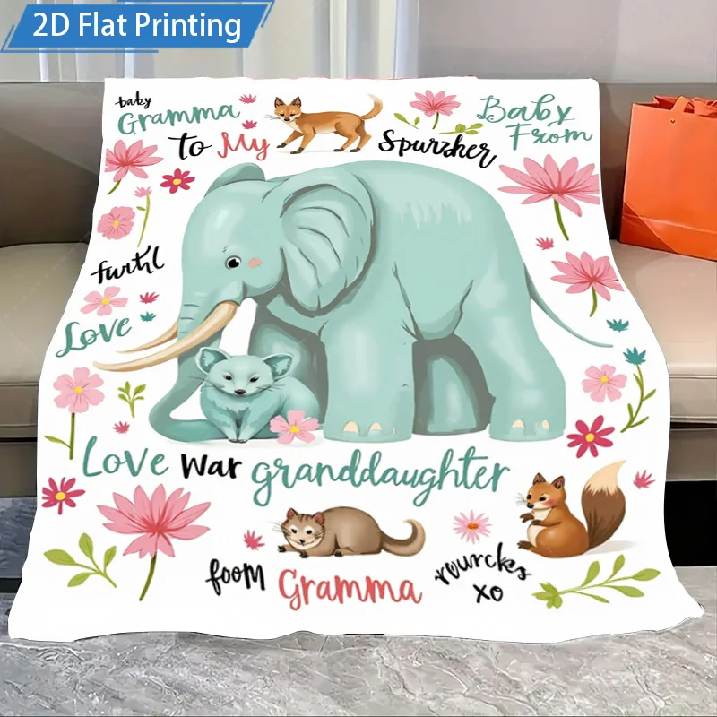 

1pc Flannel Blanket Cute Elephant & Fox Blanket, "Love from Gramma" Soft Fleece Throw for Granddaughter