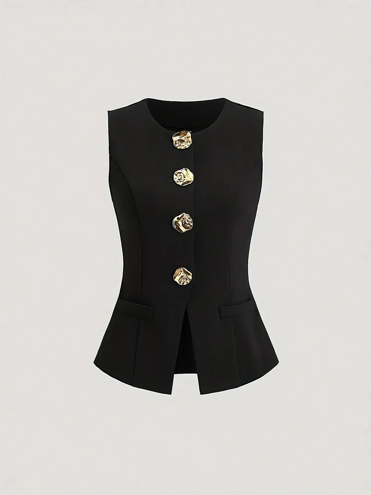 

Новый тонкий топ без рукавов большого размера с однотонными металлическими пуговицами, элегантный женский жилет больших размеров, модные вещи для торжественных случаев, топ, кардиган